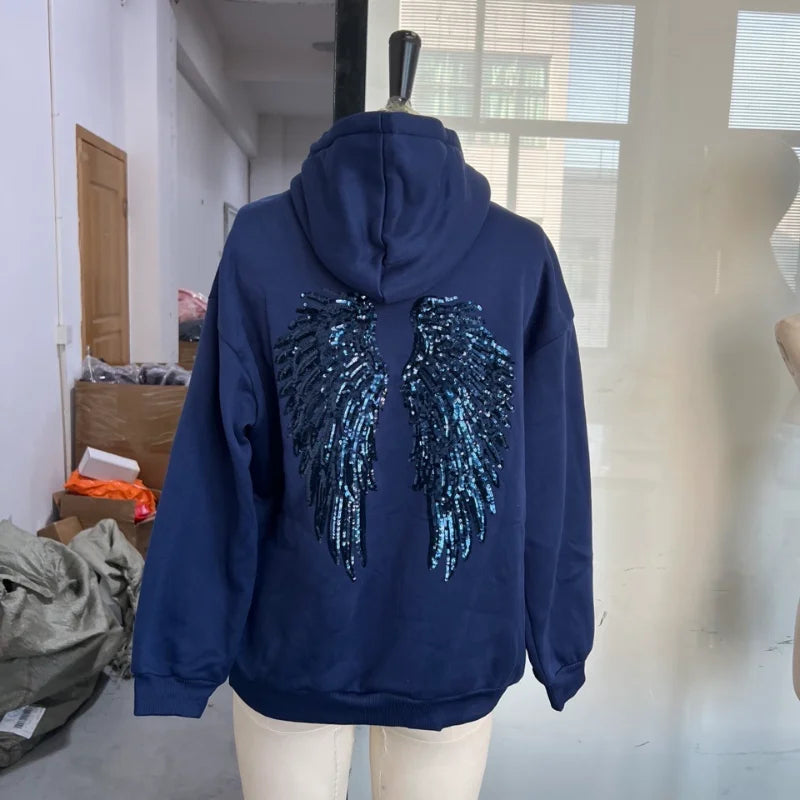 Sequin Angel's Wings Hoodies Women Chic Loose Long Sleeve Pullovers Top Slim Yoga Pant Set 2025 New Casual Lady Two Piece Sets