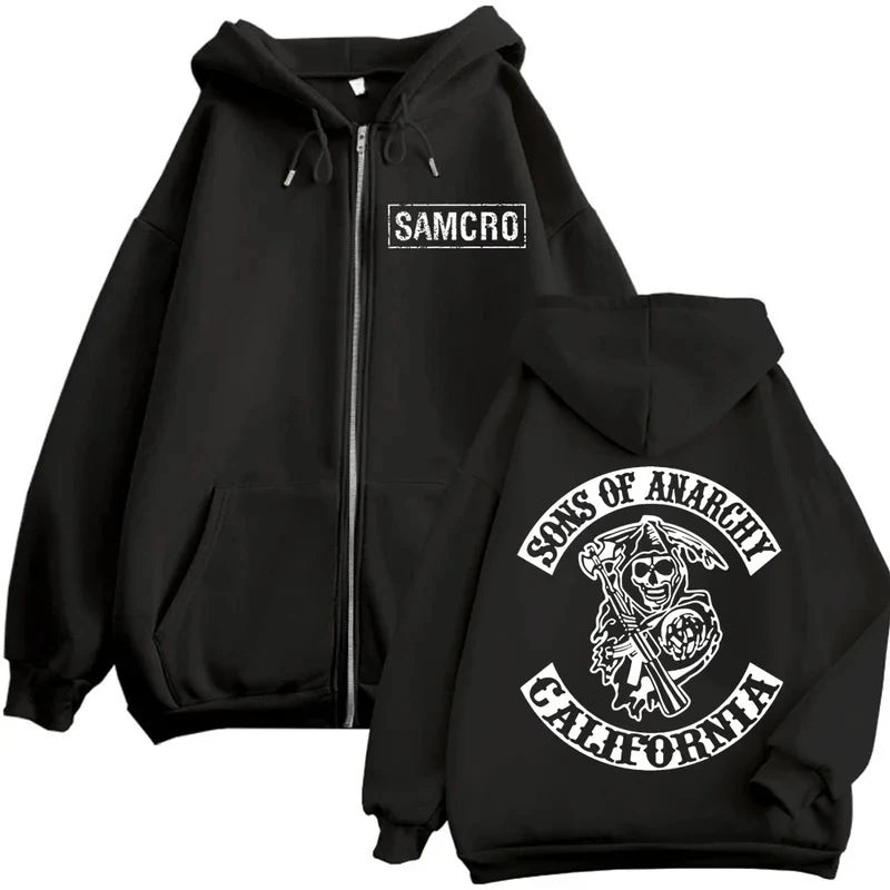 2025 New Sons of Anarchy Double Sided Printed Hoodie Men Women Gothic Retro Zipper Sportswear Casual Street Fashion Pullover