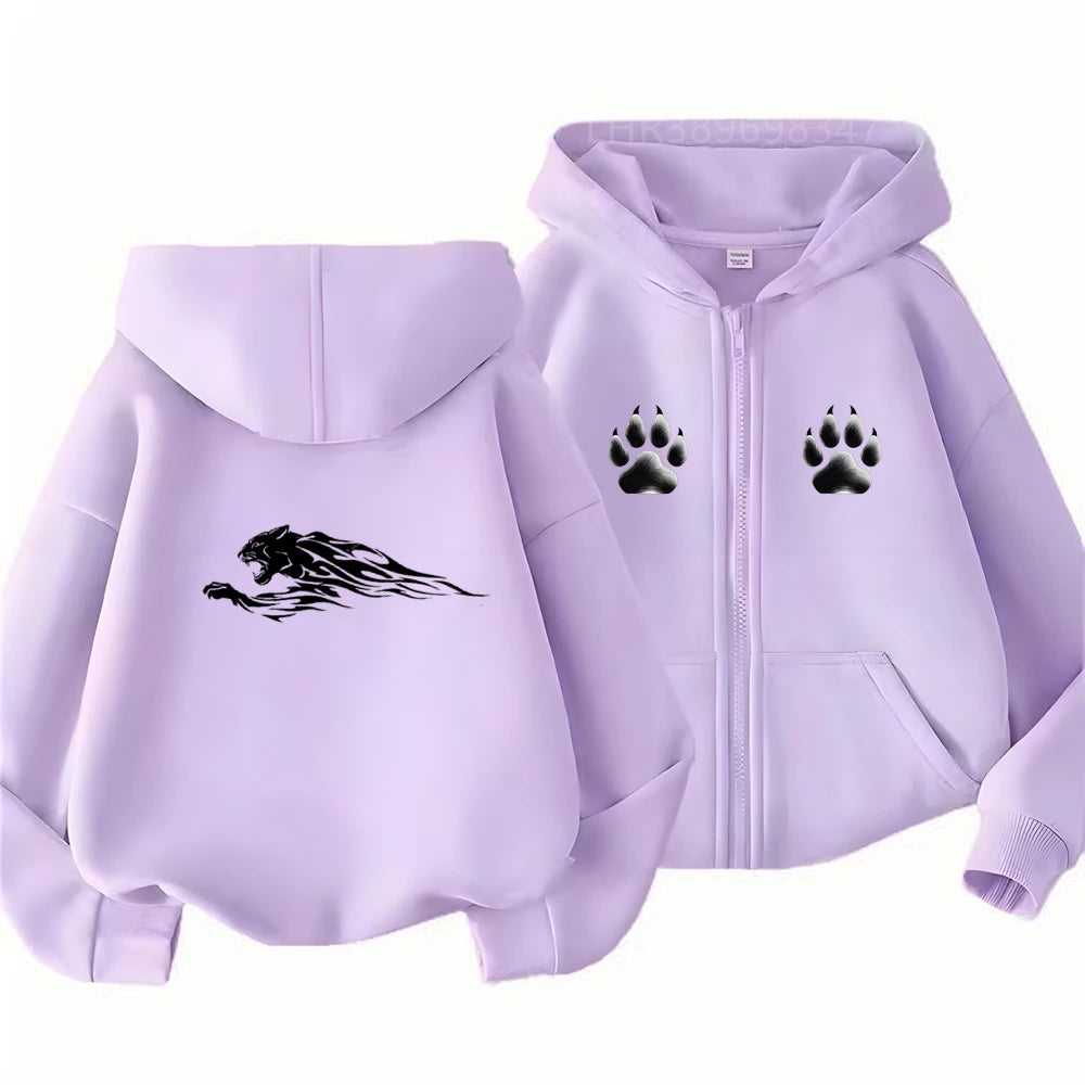 Children's Hoodie 3-12 Years Girl Boy Zip Up Cardigan Tops Cougar Print Pattern Pink Black Autumn Long Sleeve Clothing New