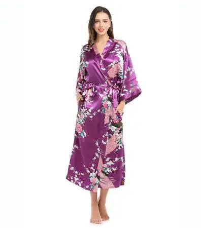 Womens Silk Satin Kimono Robes Long Sleepwear Dressing Gown Floral Peacock Printed Pattern Party Wedding Bridesmaid Bathrobe
