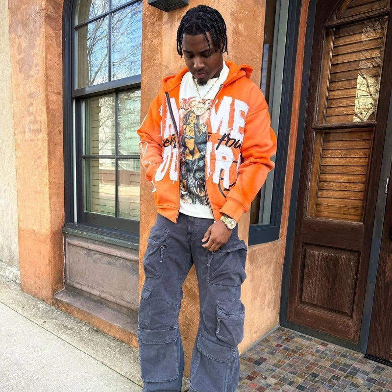 Quick Delivery Y2K Letter Sticker Printed Street Hip-Hop Style Heavyweight Hooded Sweatshirt Cardigan Design High Street Jacket
