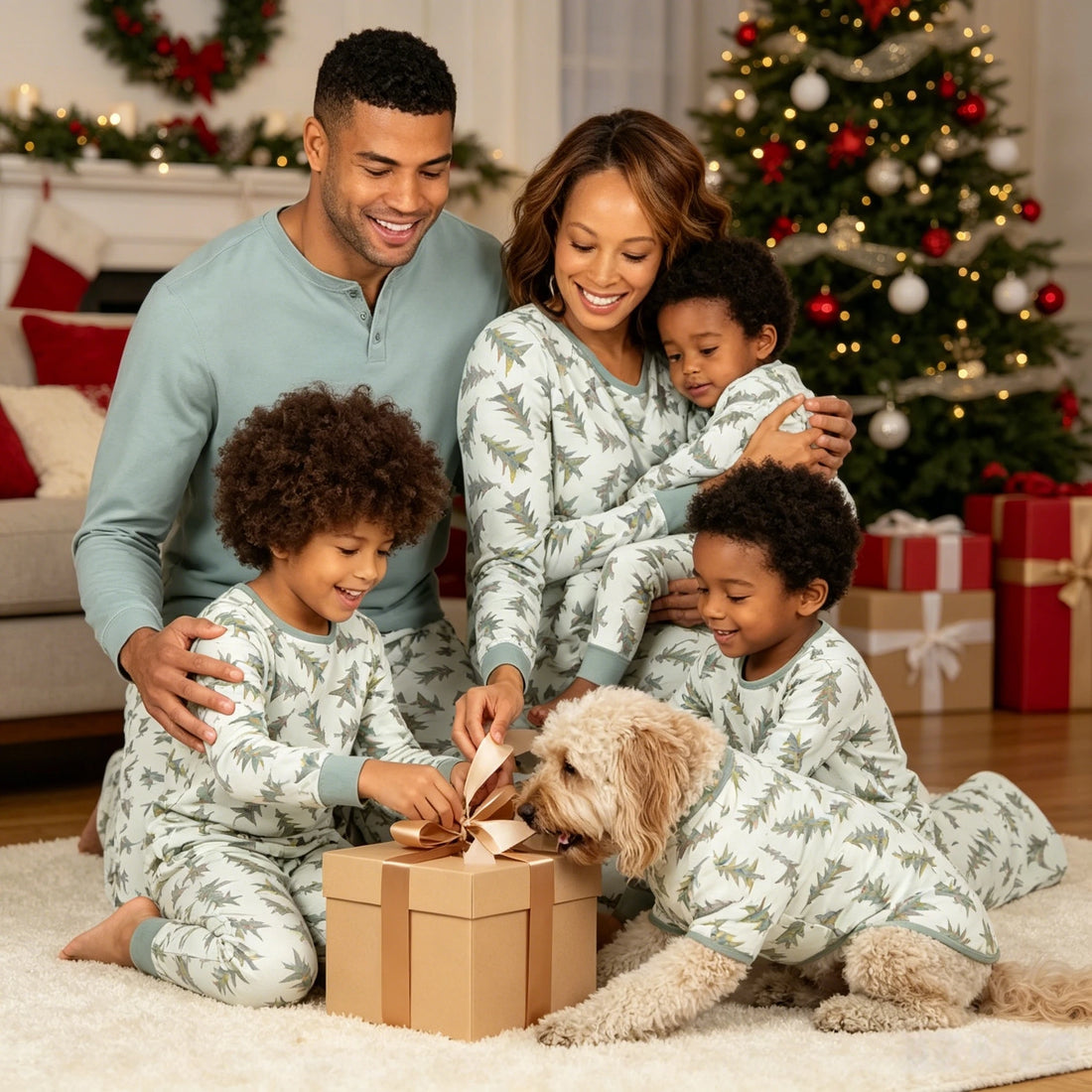 Holiday Outfits Pyjamas Christmas Tree Print Family Pajamas Set Adults Kids Matching Outfits Baby&Dog Romper 2 Pcs Suit Homewear