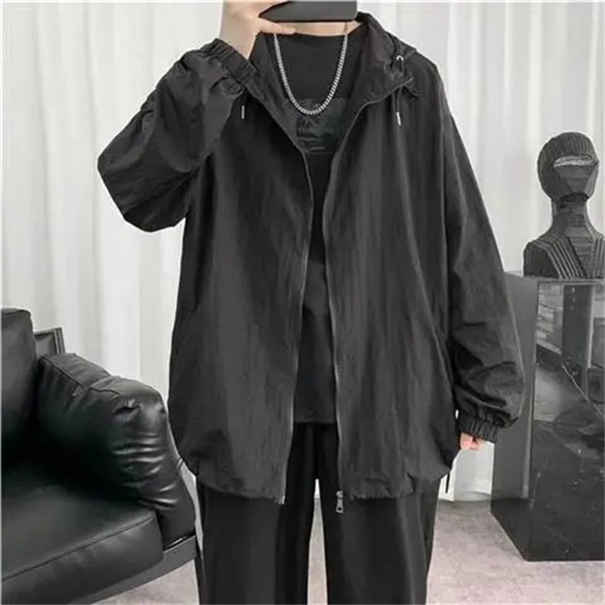 Summer Hooded Thin Jacket Men Waterproof Sun Protection Clothing Full Zipper Quick Dry Skin Black Windbreaker Coat