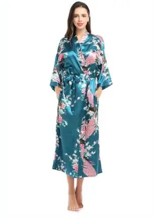 Womens Silk Satin Kimono Robes Long Sleepwear Dressing Gown Floral Peacock Printed Pattern Party Wedding Bridesmaid Bathrobe
