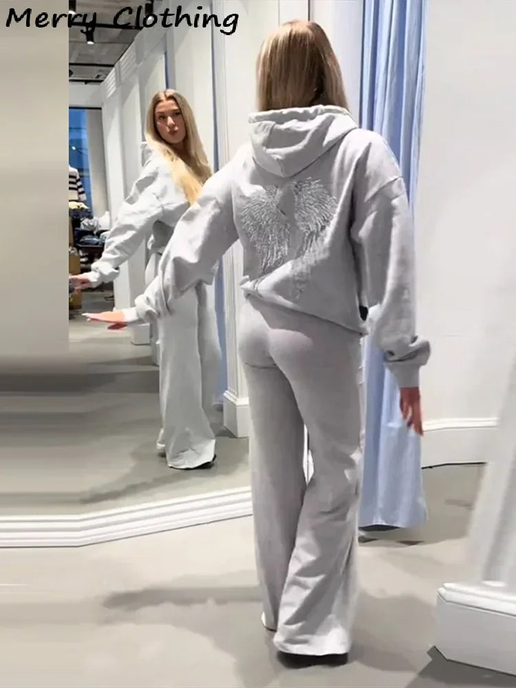 Sequin Angel's Wings Hoodies Women Chic Loose Long Sleeve Pullovers Top Slim Yoga Pant Set 2025 New Casual Lady Two Piece Sets