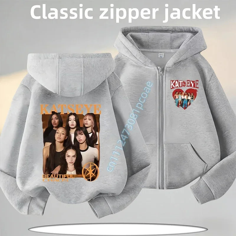 KATSEYE Children's Zippered Pullover Hoodie Boys' Sport Shirt Girls' Casual Top Cartoon Print 2026 New Fall/Winter Coat