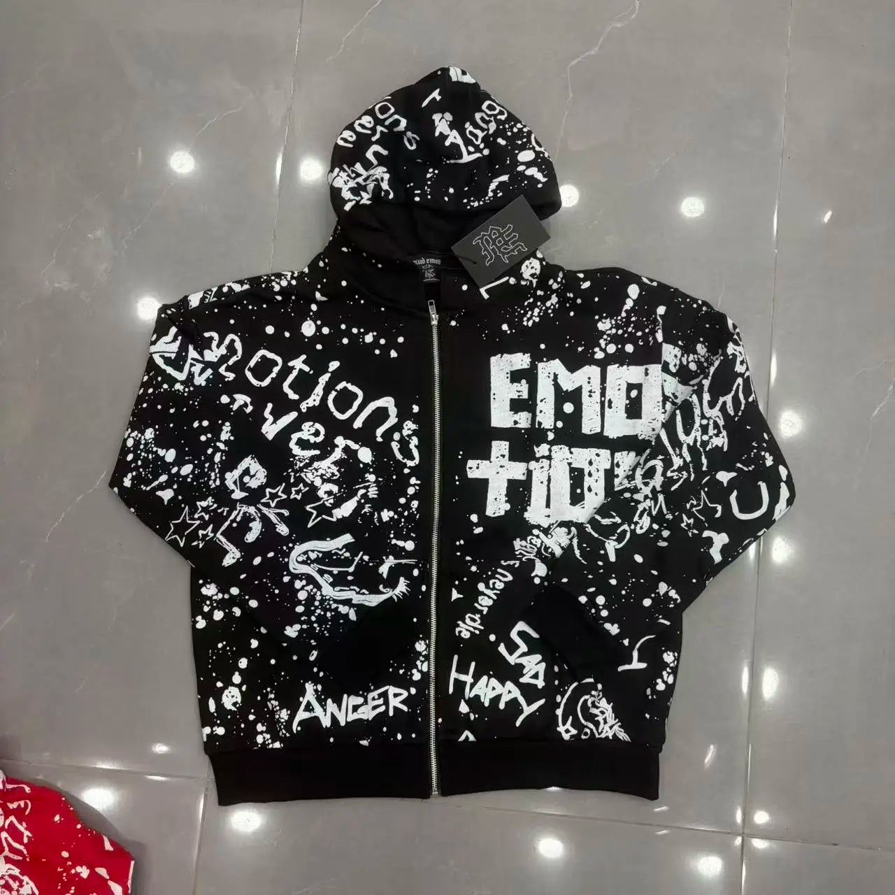 Fashionable Zip-Up Jacket, High Quality, 450g Heavyweight Pure Cotton Terry Fabric, White Ink Direct Printing, Middle Eastern Glass Rhinestones, Full Print, Hand-Applied Rhinestones