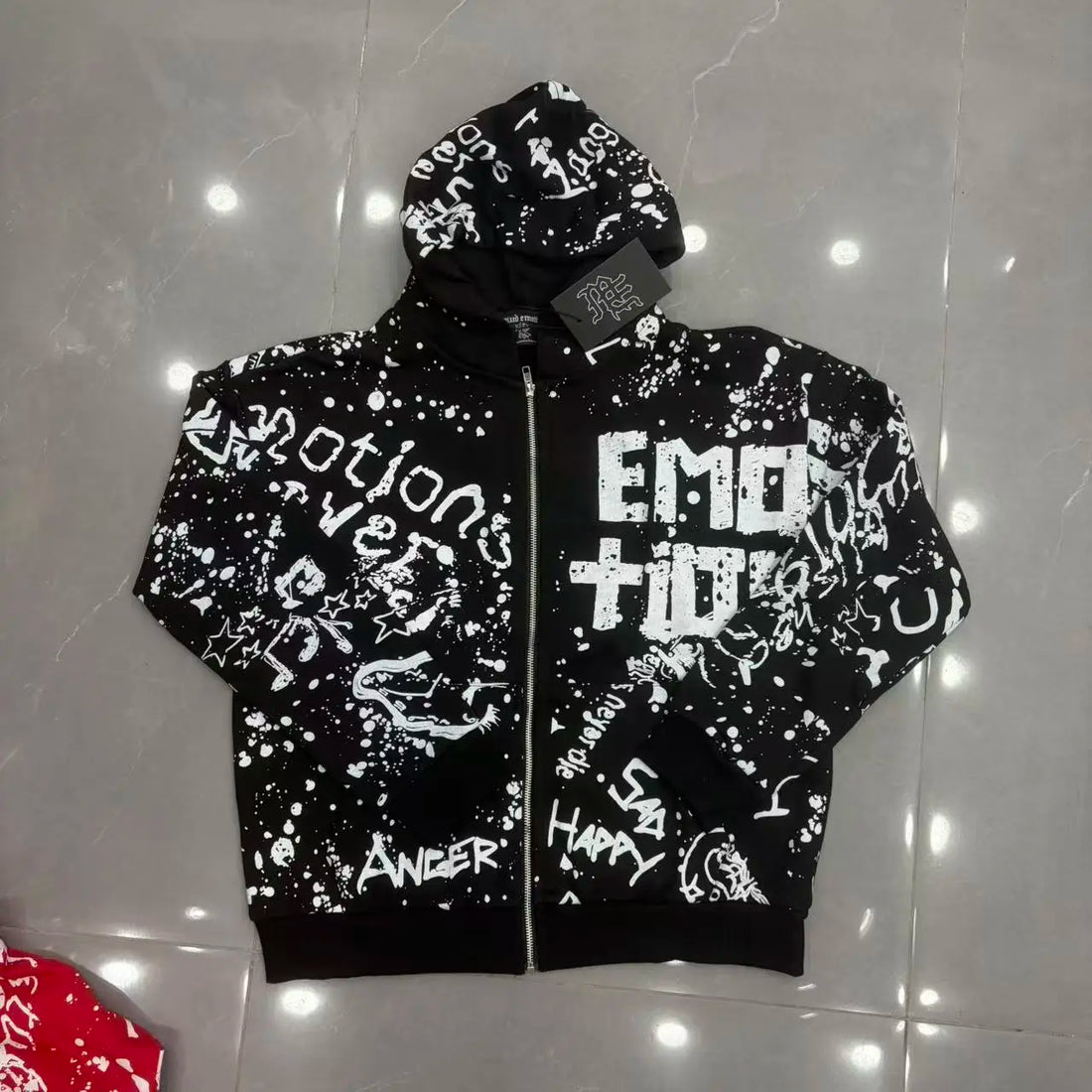 Fashionable Zip-Up Jacket, High Quality, 450g Heavyweight Pure Cotton Terry Fabric, White Ink Direct Printing, Middle Eastern Glass Rhinestones, Full Print, Hand-Applied Rhinestones