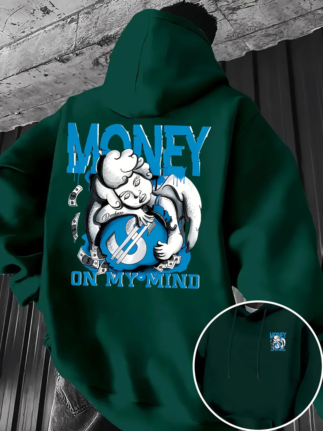 Men's Money On My Mind Angel Graphic Hoodie Casual Loose Pullover Sweatshirt Hip Hop Streetwear Long Sleeve Hooded Top