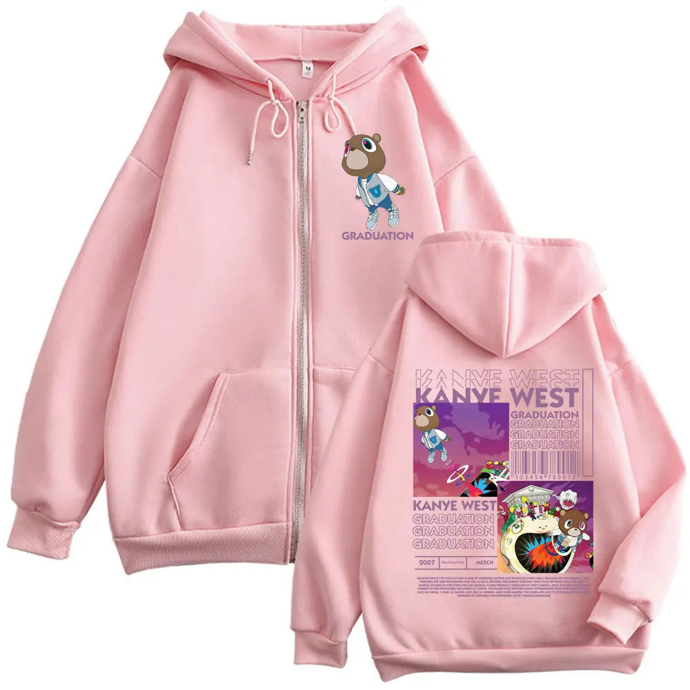 Rapper Kanye West Graduation Graphic Zipper Hoodie Men Women Harajuku Hip Hop Sweatshirts Fashion Y2K Clothing Zip Up Pullovers