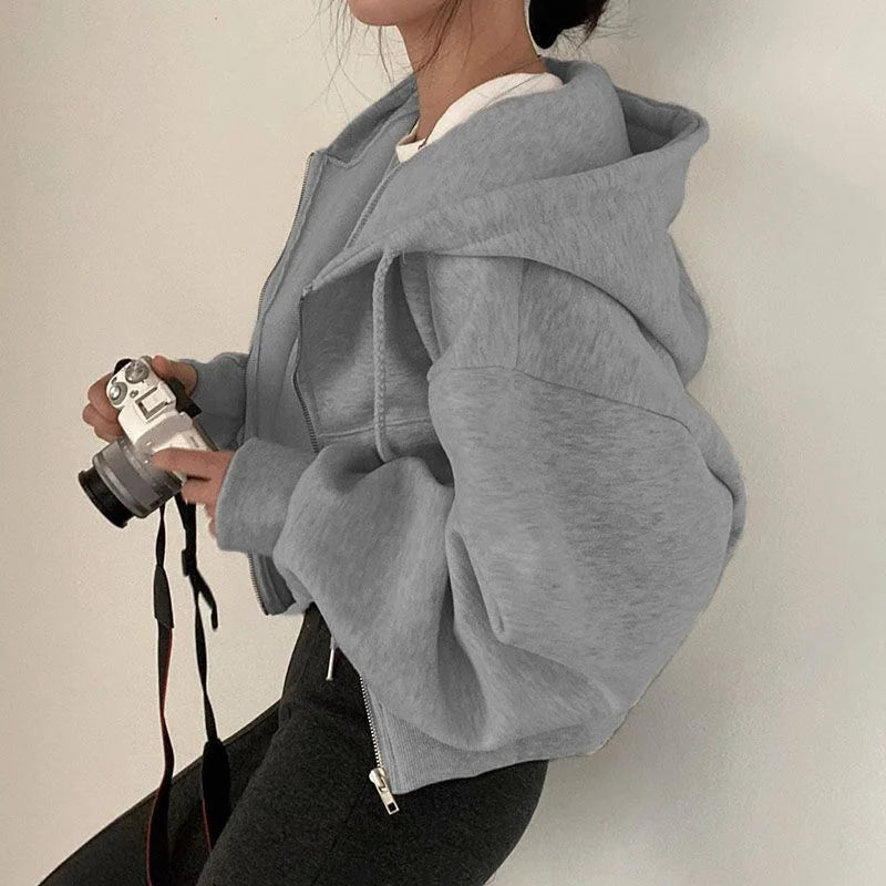 Women Fall Winter New Fleece Lined Hoodie Solid Color Zip Up Slim Short Warm Fashion Versatile Sweatshirt