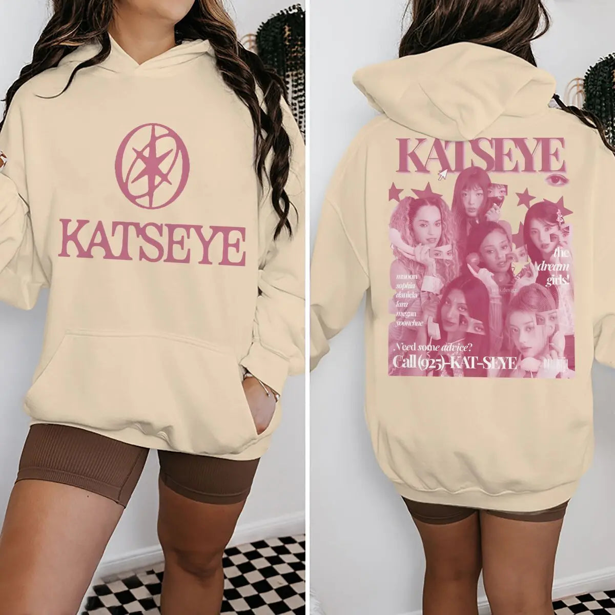 Women Pink Katseye Print Pocket Hoodies Spring Autumn Hip Hop Music Lover Gifts Pullover Vintage Katseye Unisex Gothic Hoody