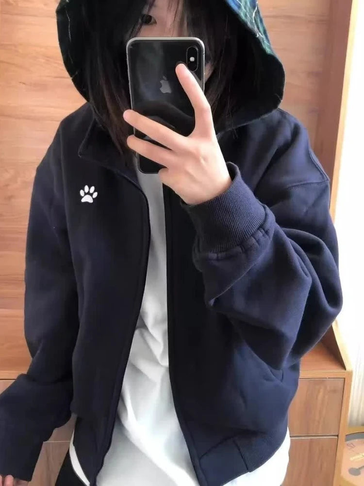 Women Vintage Hoodie Dog Paw Embroidery Plaid Patchwork Hooded Sweatshirt Couple Streetwear Autumn Jacket