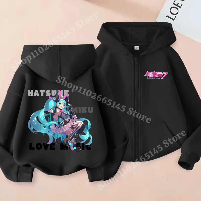 Hatsune Miku Zipper Hoodies Coat Girls Cute Hooded Cardigan Kids Spring Autumn Jacket Long Sleeves Fashion Children Clothes Gift