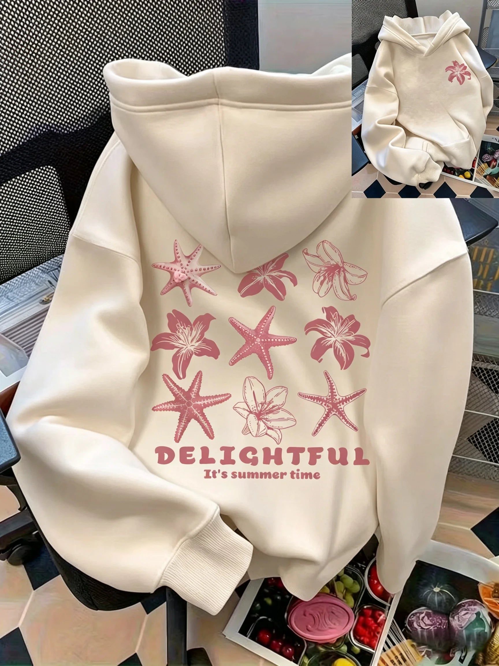 Women's casual seashell and letter pattern front and back printed pullover hoodie women's casual top versatile style hoodie