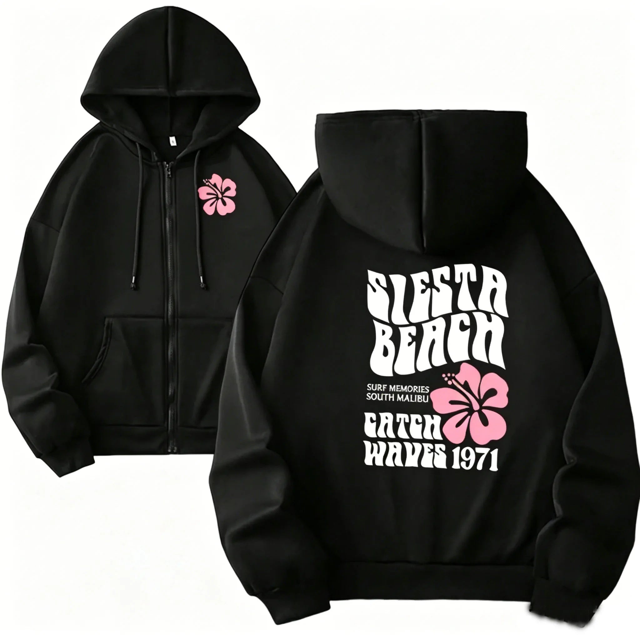 Women Zipper Cardigan Hooded Sweatshirt Jogging Lady Versatile Sport Coat Oversized Hibiscus Beach Casual Hooded Sweat Jacket