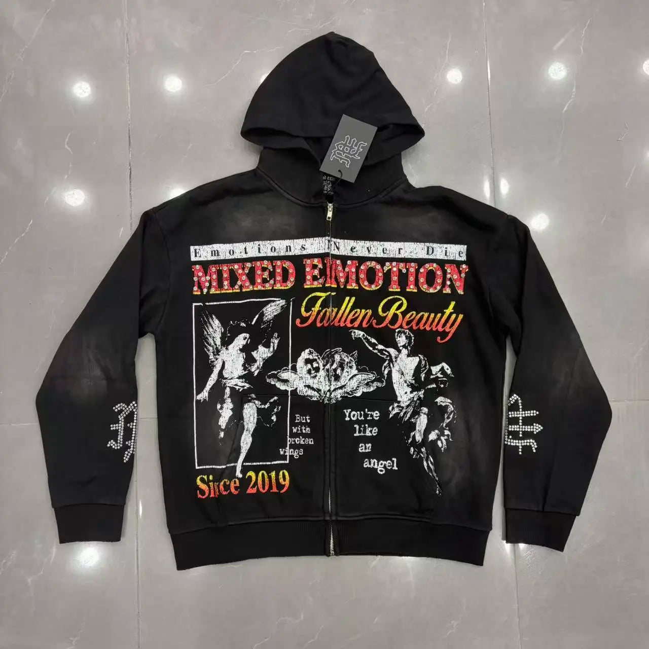 Fashionable Zip-Up Jacket, High Quality, 450g Heavyweight Pure Cotton Terry Fabric, White Ink Direct Printing, Middle Eastern Glass Rhinestones, Full Print, Hand-Applied Rhinestones
