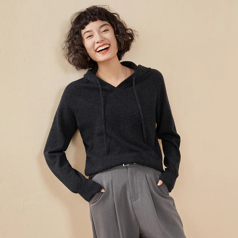 CHICUU Women Cashmere Hoodie Sweater 100% Cashmere Pullover Knitwear Autumn Winter Casual Style Hoodie Soft Warm Clothing Tops