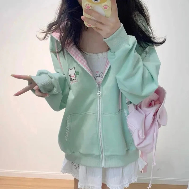 Y2k Kawaii Japanese Cartoon Long Sleeve Zipper Hooded Sweatshirts Subculture Loose Casual Hoodies Women Tops 2000s Vintage Chic