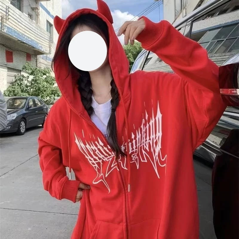 Hipster Hooded Punk Style Couple Hooded Sweatshirt Printing Zip Up Hoodies Y2K Streetwear Long Sleeve Loose Jacket Coats