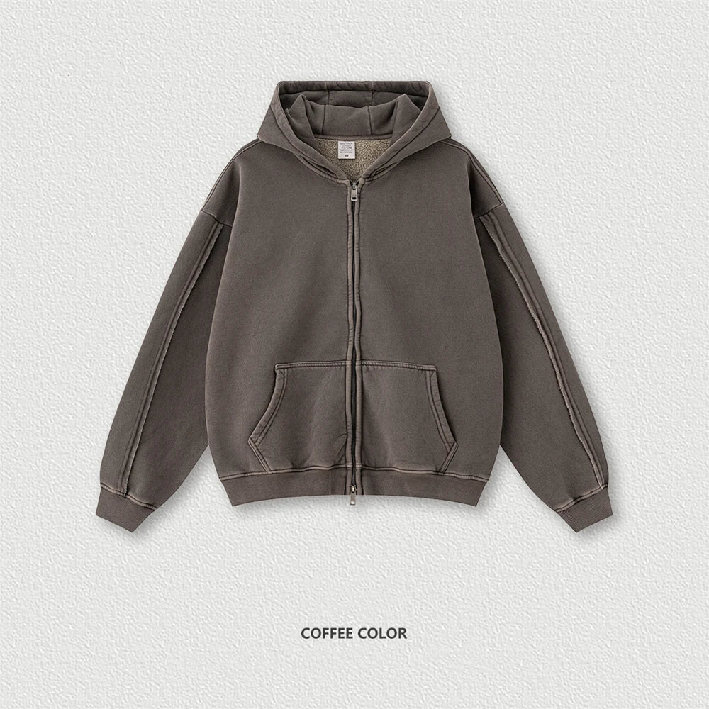 ZODF Retro 2025 Autumn Winter Zipper Fleece Hoodies For Man Unisex 400gsm Solid Washed Batik Warm Hooded Coats HY1084