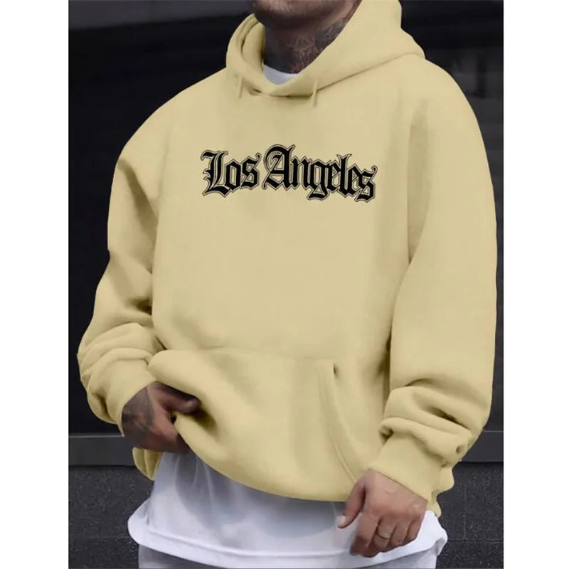 Men's Autumn and Winter Casual Fashion Loose Hoodie Los Angeles Letter Printed Long Sleeved Warm Pullover Sweater