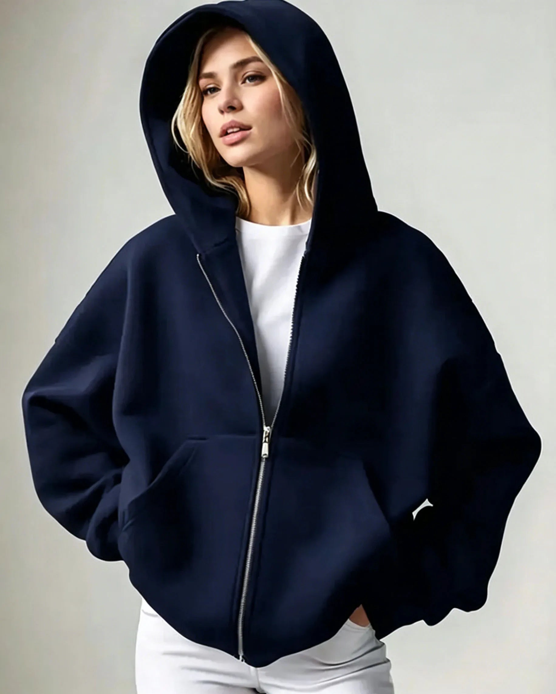 Women Solid Full Zip Up  Hoodie Casual Loose Pocket Hooded Jacket  Soft Long Sleeve Sweatshirt Autumn Winter couple Outerwear