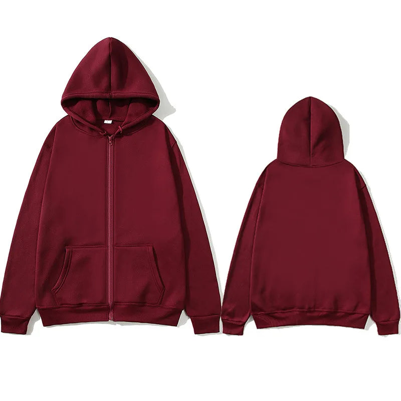 Oversized Unisex Hoodie, Solid Color Zip Up Jacket, Casual Street Trendy Plain Hooded Sweatshirt