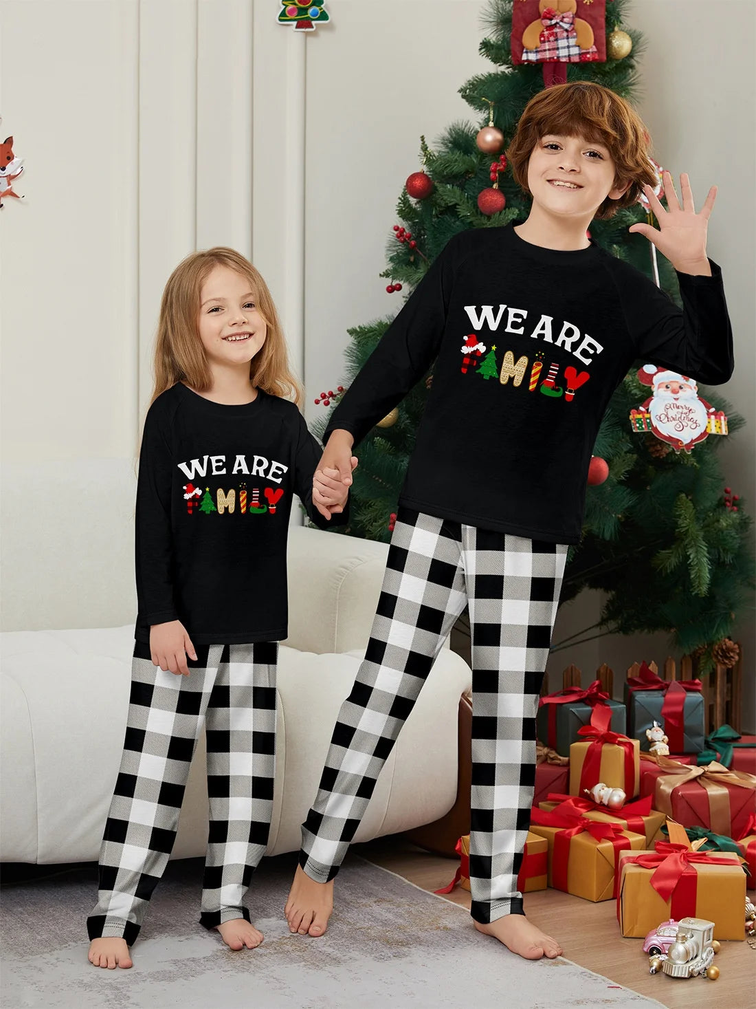 Happy New Year Family Matching Outfits Letter Plaid Print Parent-child 2 Pieces Suit Sleepwear Soft Loose Pajamas Set Xmas Wear