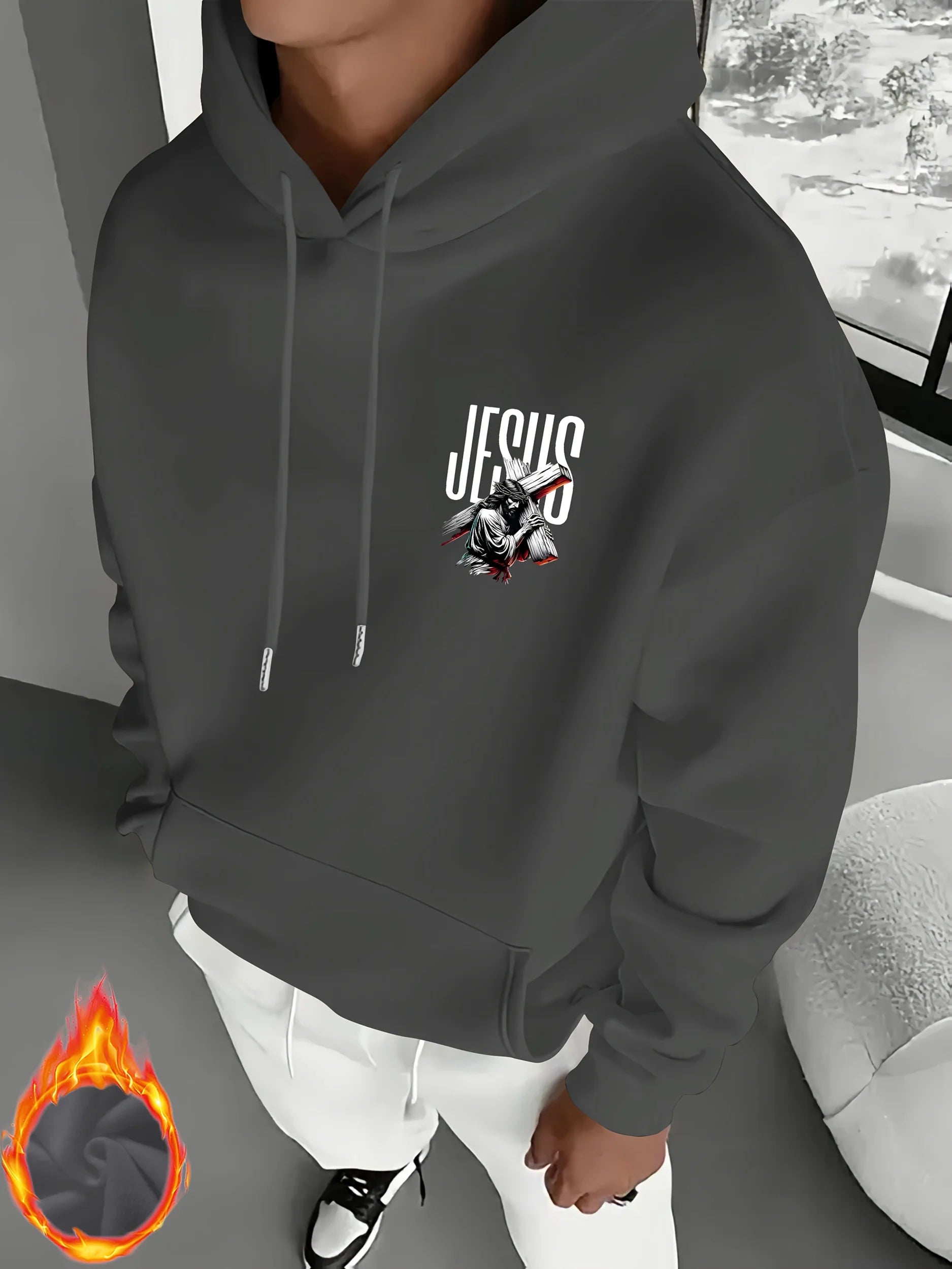 Men's Hooded Sweatshirt with JESUS Pattern Print Casual Loose Fit Lightweight Street Fashion Activewear Daily Wear for Teenagers