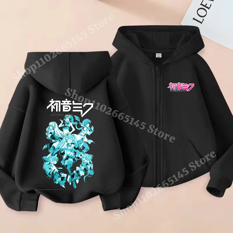 Hatsune Miku Zipper Hoodies Coat Girls Cute Hooded Cardigan Kids Spring Autumn Jacket Long Sleeves Fashion Children Clothes Gift