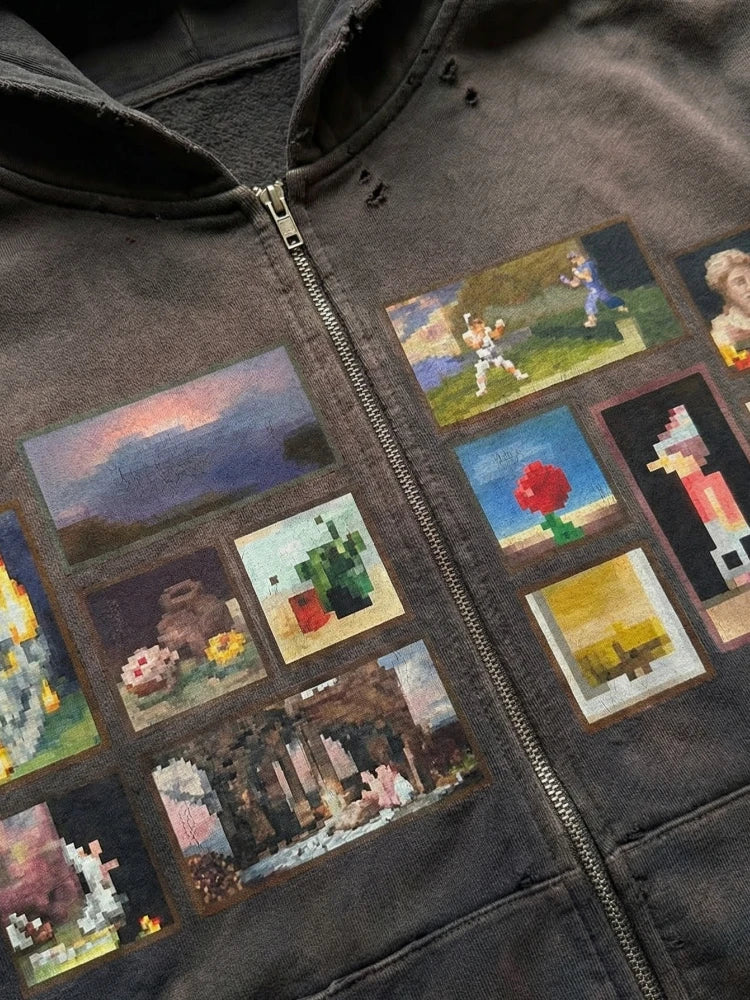 Y2K Retro Gallery Hoodie Brown Pixel Painting Art Pattern Zip Up Sweatshirt Trendy Classic Streetwear Unisex Oversize Clothing