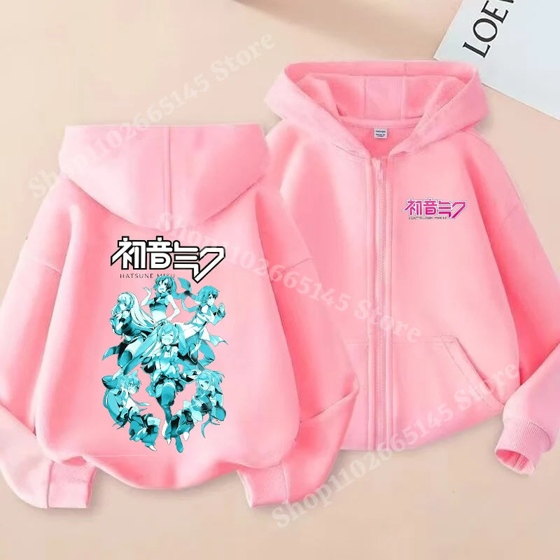 Hatsune Miku Zipper Hoodies Coat Girls Cute Hooded Cardigan Kids Spring Autumn Jacket Long Sleeves Fashion Children Clothes Gift
