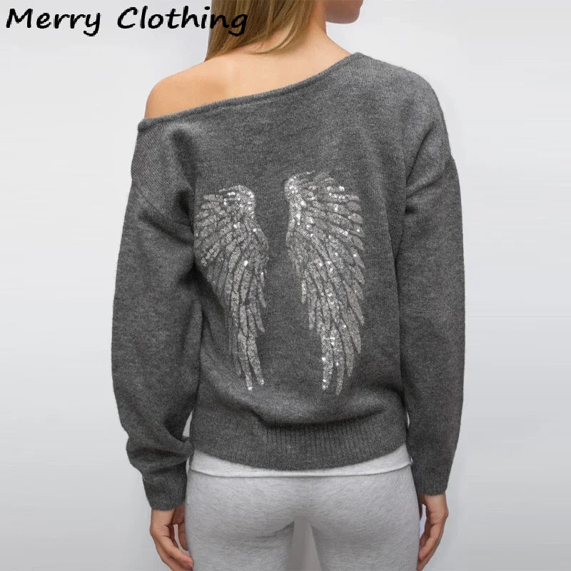 Sequin Angel's Wings Hoodies Women Chic Loose Long Sleeve Pullovers Top Slim Yoga Pant Set 2025 New Casual Lady Two Piece Sets