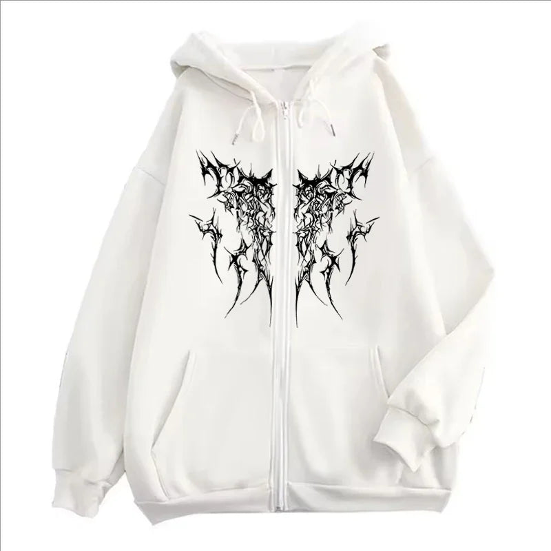 Gothic Printed Zipper Hoodies Women Men Vintage Fashion Hip Hop Y2K Coat Autumn Winter Fleece Long Sleeve Zip-up Hoodies