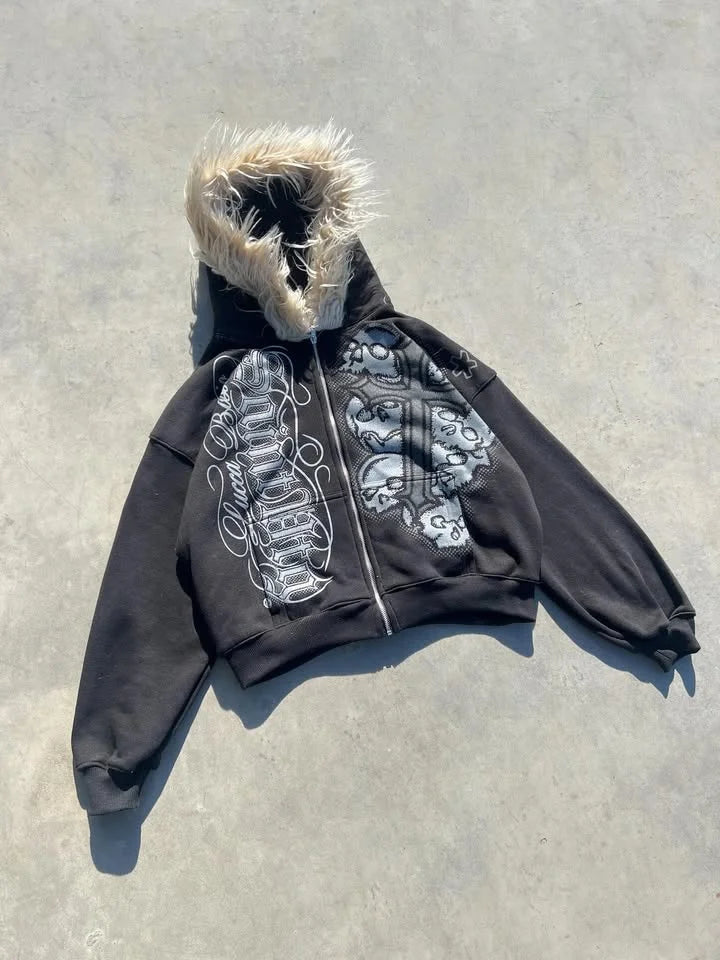 Y2K MMA Lint Sweatshirt Gothic Vintage Pattern Oversized Hooded ZipUp Sweatshirt Trend Men Women Fashion Casual Streetwear