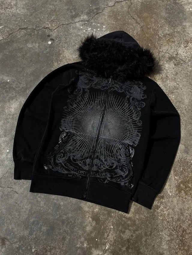 Y2K MMA Lint Sweatshirt Gothic Vintage Pattern Oversized Hooded ZipUp Sweatshirt Trend Men Women Fashion Casual Streetwear