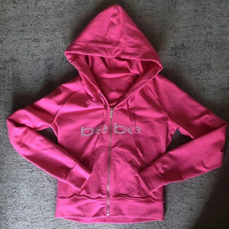 Y2K Rhinestone Hoodies Women Gothic Zip Up Oversized Clothes For Women Female Retro Harajuku Hooded Jacket Bling Streetwear 90s