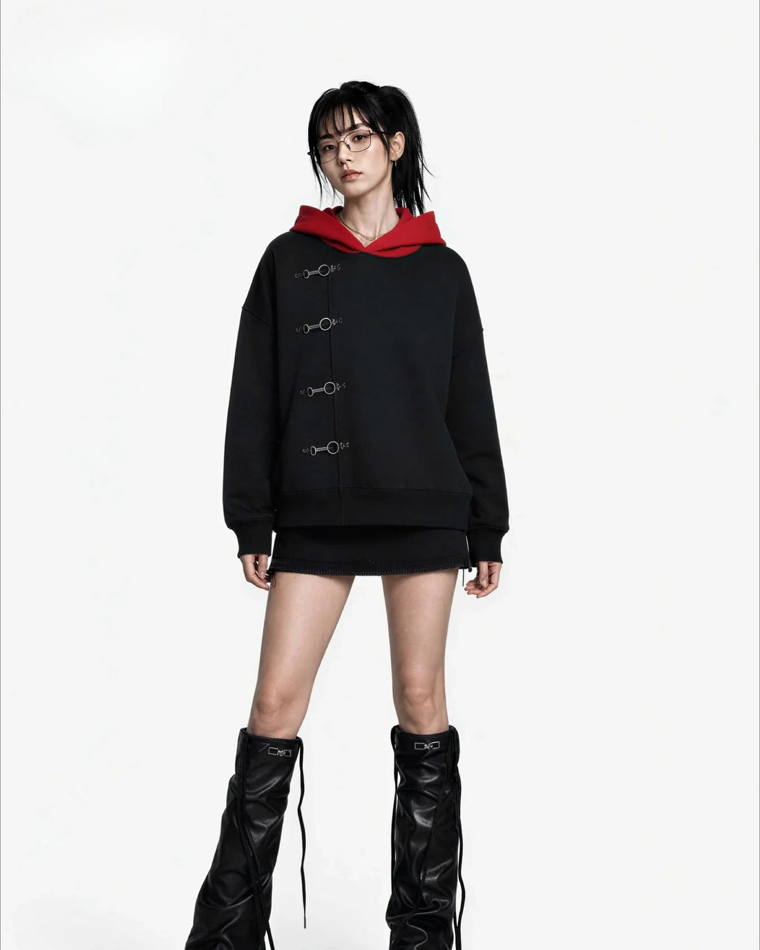 Y2K Red Itadori Hoodie Oversized Black Red Spliced Metal Button Casual Sweatshirt Trendy and Simple Men Women Streetwear Jacket