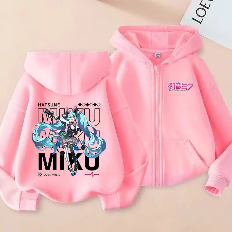 Hatsune Miku Zipper Hoodies Coat Girls Cute Hooded Cardigan Kids Spring Autumn Jacket Long Sleeves Fashion Children Clothes Gift