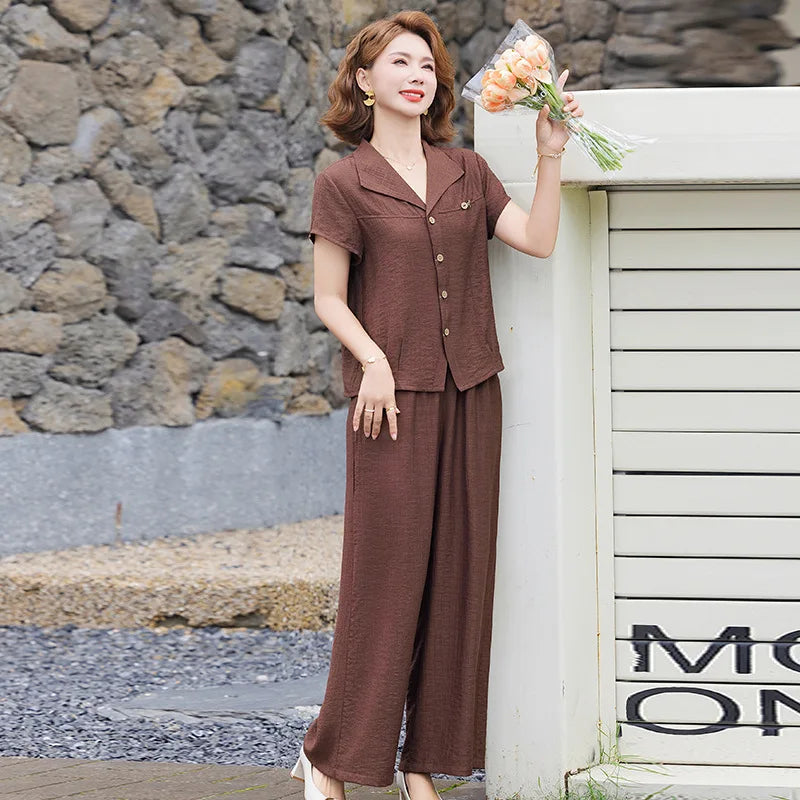 Elegant Fashionable Mommy Outfit Summer Short Sleeve Shirt Wide Leg Pants Two Piece Set for Middle-Aged And Elderly Women