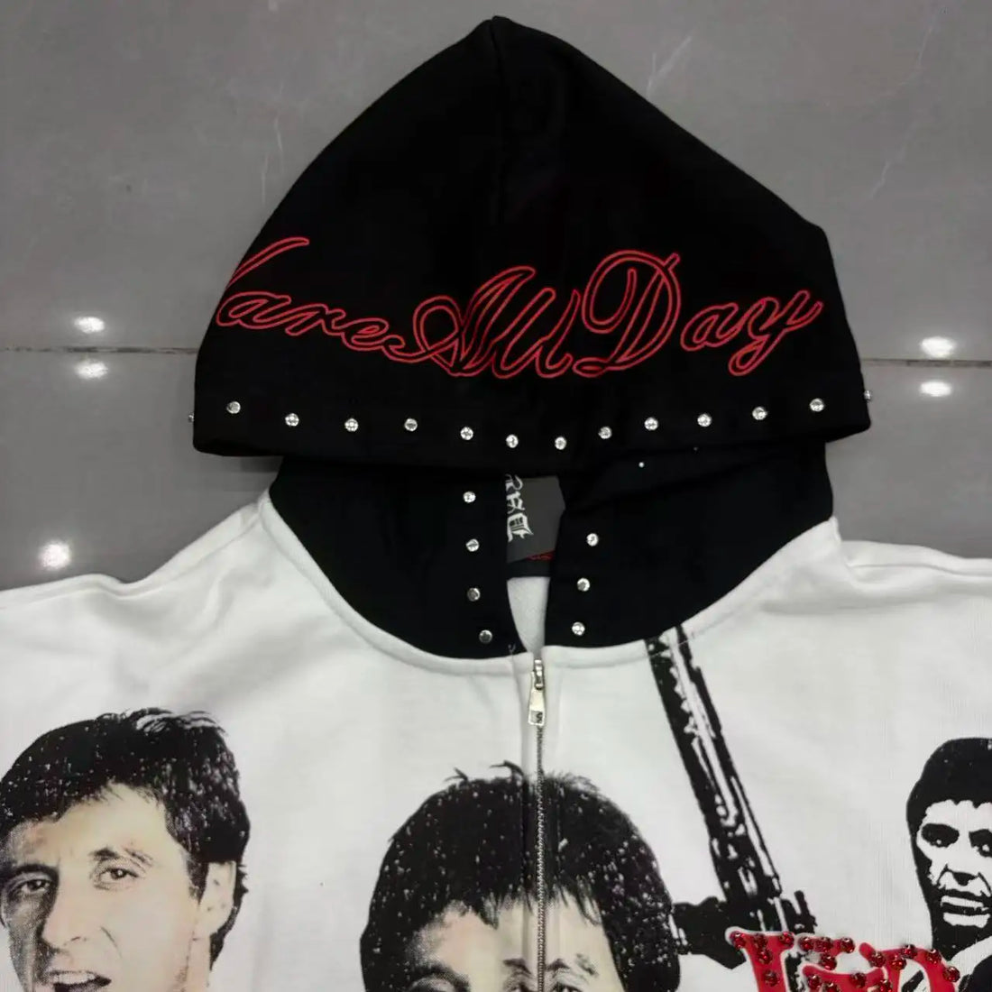Vele High-Quality Rhinestone-Printed Sweatshirt Hoodie Jacket, Rhinestone-Printed Loose Casual Fashion Niche High Street Pure Cotton Terry Sweatshirt