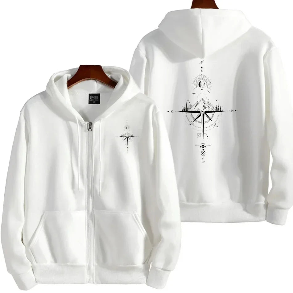 Vintage Compass Print Zip Hoodies for Men High Quality Hooded Long Sleeve Pullover Winter Daily Casual Sports Tops Men's Clothes