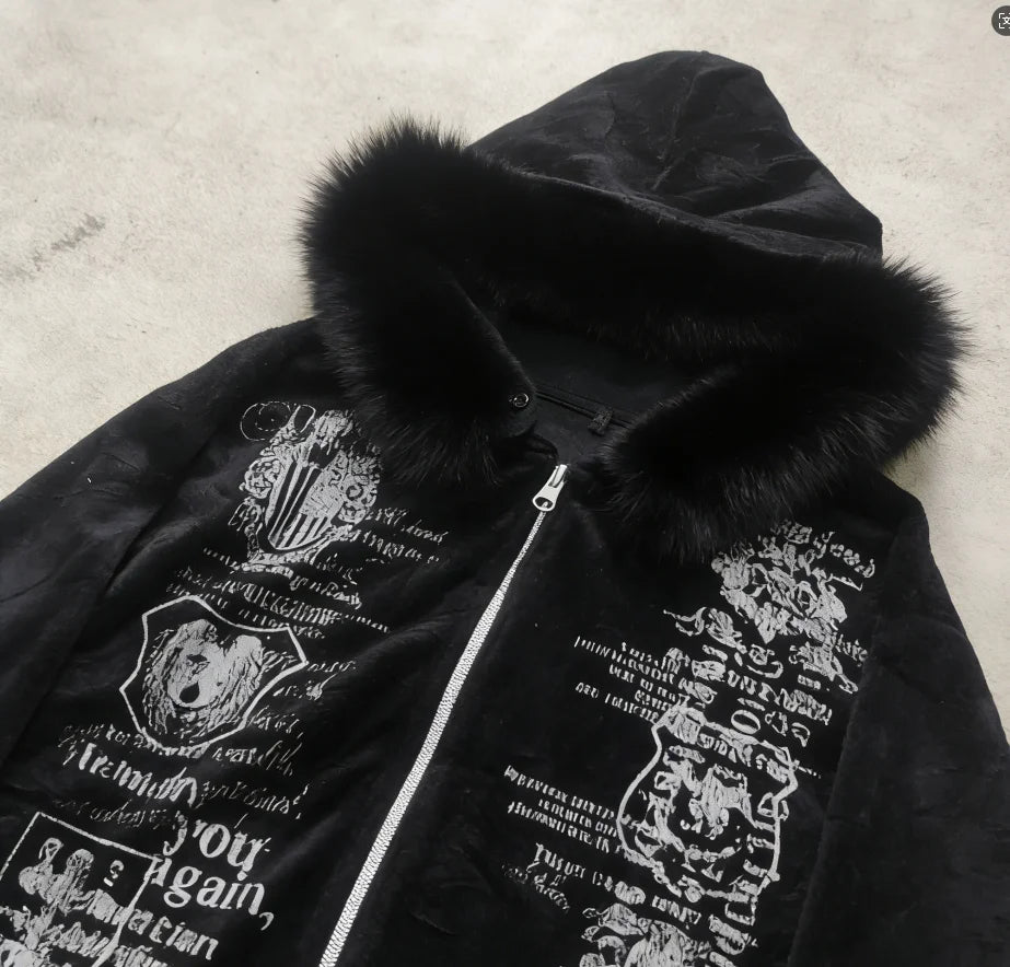 Y2K Fur collar sweatshirt Gothic Retro Pattern Super Dalian Hat Zipper Sweatshirt Trend Men Women Fashion Casual Streetwear