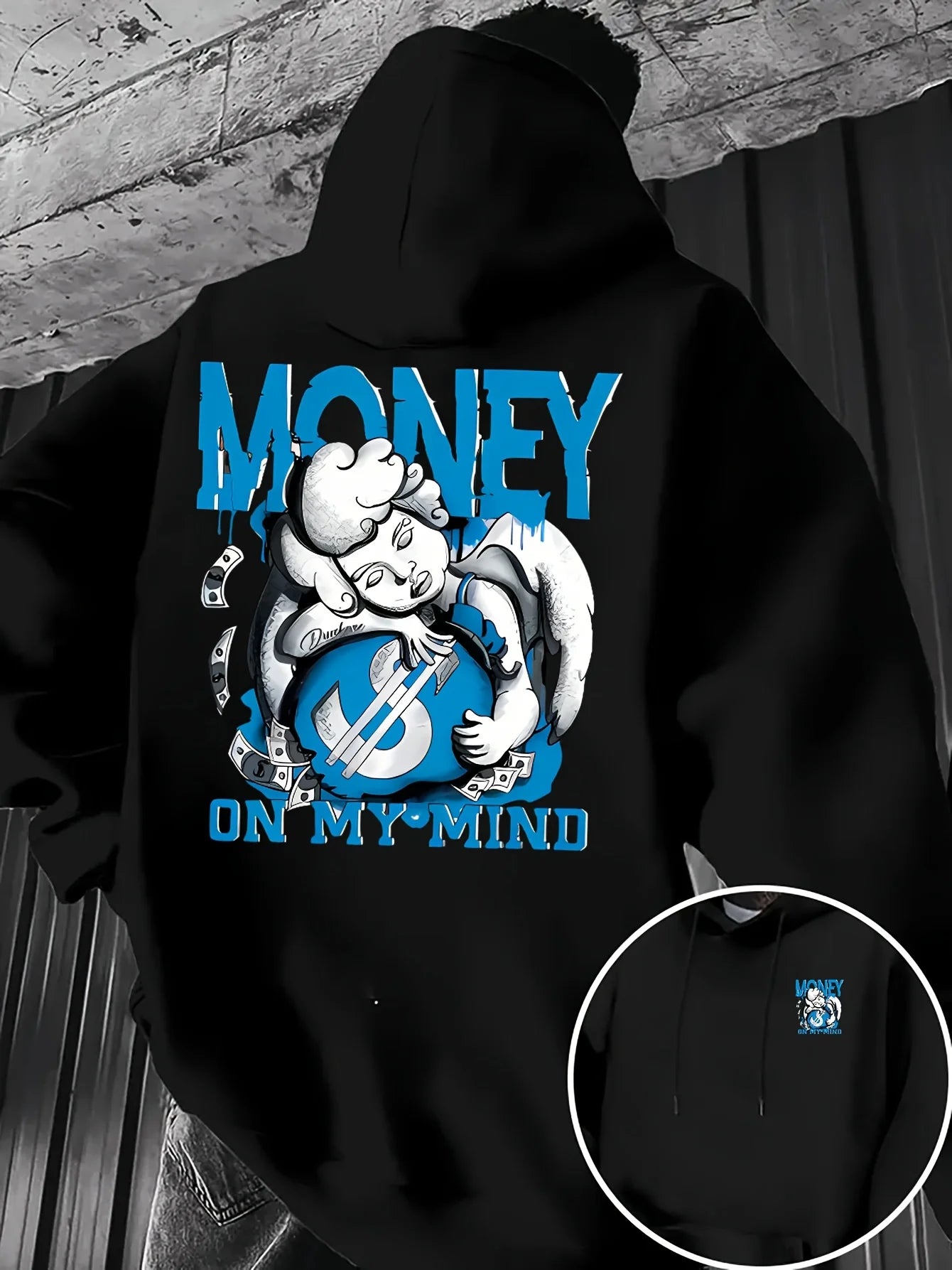 Men's Money On My Mind Angel Graphic Hoodie Casual Loose Pullover Sweatshirt Hip Hop Streetwear Long Sleeve Hooded Top
