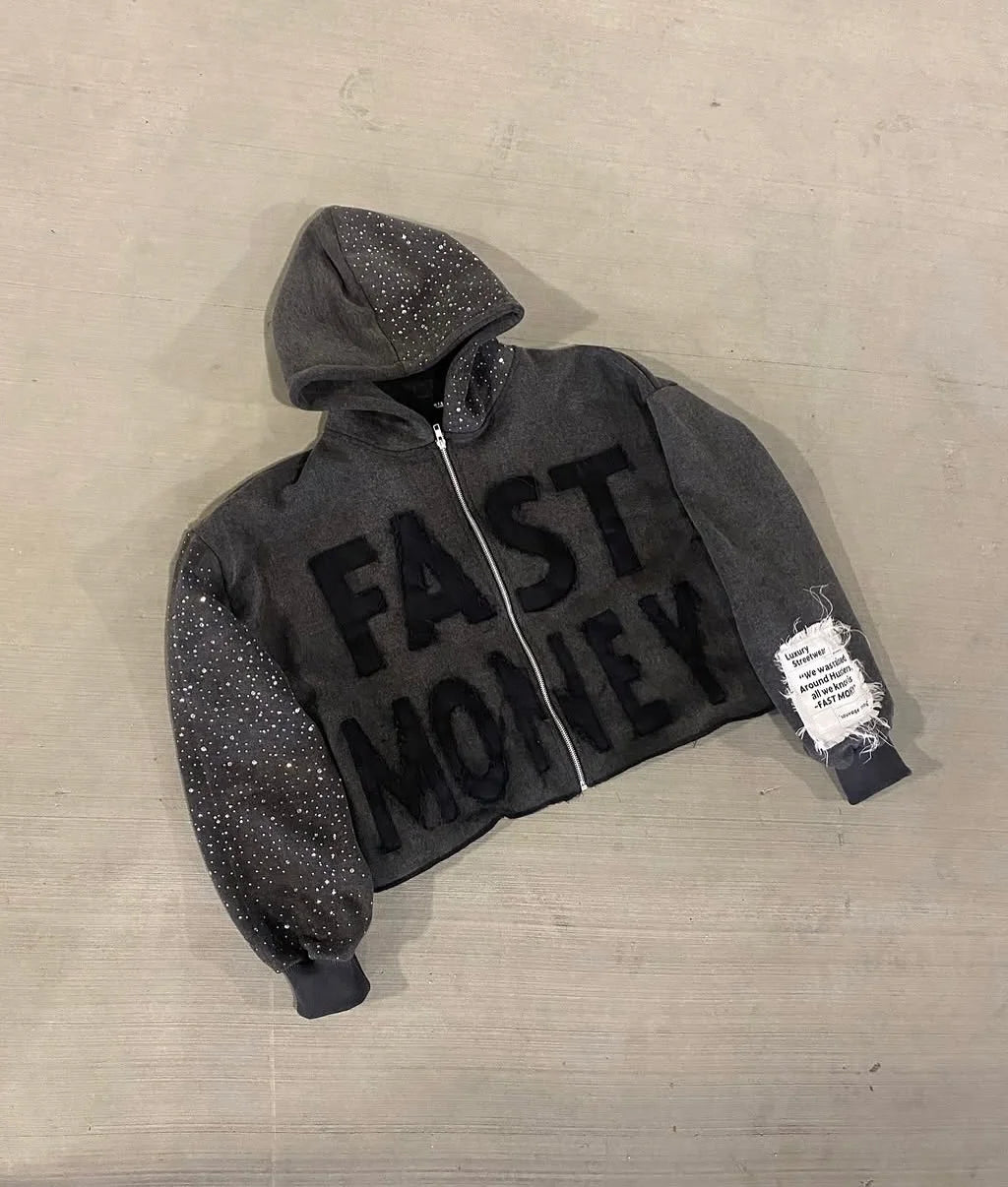 Oversized Washed Grey Rhinestone Sleeve Hoodie Zip up Jacket with Flocked Patch Letter Back Star Frayed Tag Y2K Streetwear