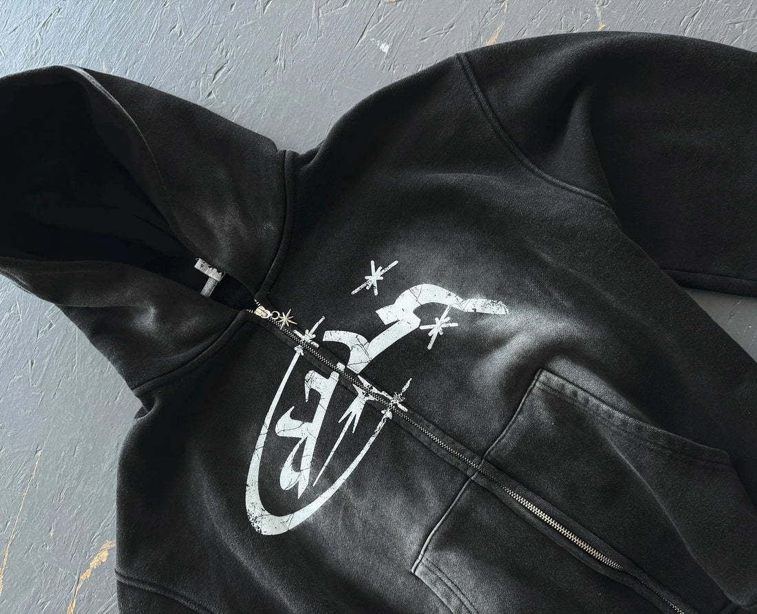 Fashion Vintage  Print Zip Up Hoodie Y2k New Harajuku Hip Hop Long Sleeve Coats Loose Hooded Sweatshirt Men and Women Streetwear