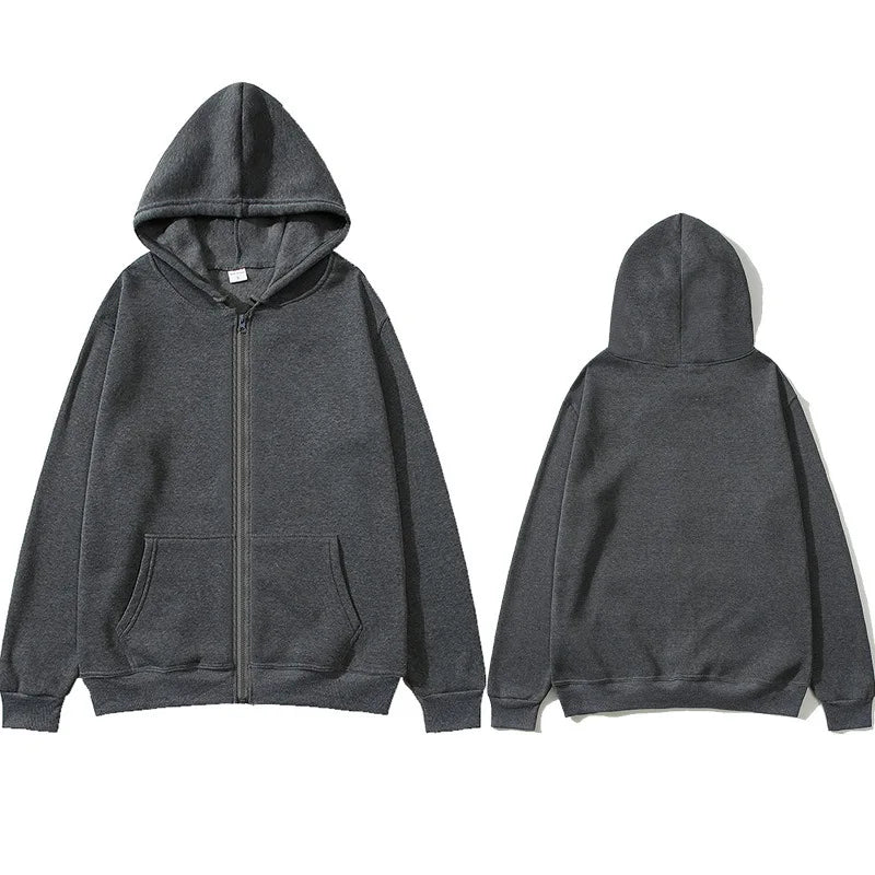 Oversized Unisex Hoodie, Solid Color Zip Up Jacket, Casual Street Trendy Plain Hooded Sweatshirt
