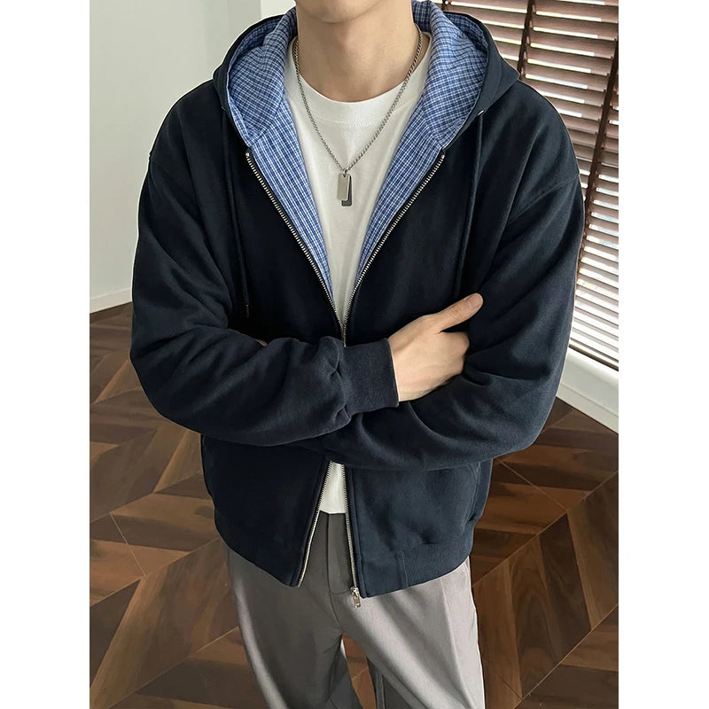 Retro Varsity Men's Layered Zip Up Hoodie Checked Lining Relaxed Fit Streetwear Jacket Hip-hop Unisex Hoodies