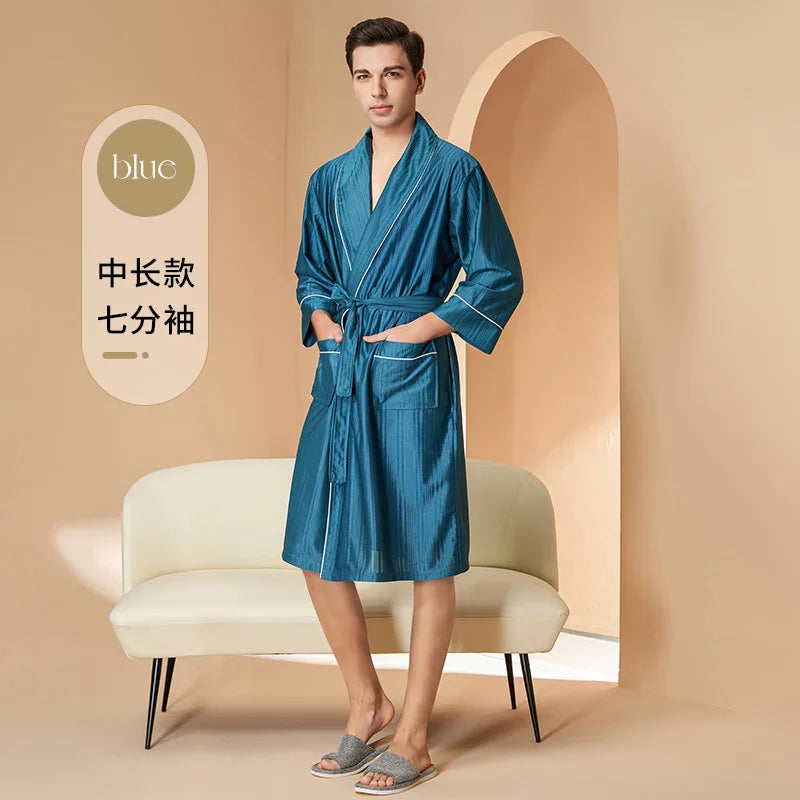 New Stripe Couple Bathrobe Cool Thin Spring Autumn Mid-Length Water Absorbent Loungewear Robe Men Women Luxury Home Nightgown